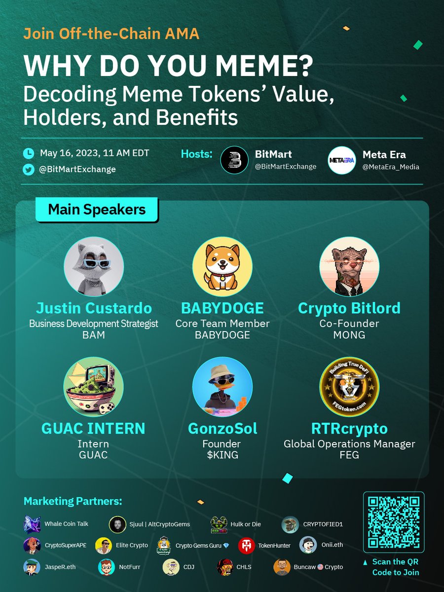 🚨#AMA Alert🚨 Join @BitMartExchange & @MetaEra_Media to decode meme token's value, holders and benefits with #memecoin project leaders from $BAM, #Babydoge, $MONG, $GUAC, $KING & $FEG! ⏰ 11 AM EDT, May 16 🔔Set a reminder: twitter.com/i/spaces/1gqxv… #BitMartOffTheChain