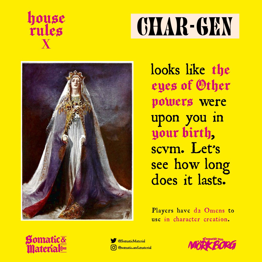 SomaticMaterial's tweet image. #MorkBorg #osr #houserule X
(#Chargen) Omens to character creation: you have d2 Omens to use in character creation.
#rpg #ttrpg #ttrpgcommunity #ttrpgfamily #houserules
Shout out to @lordcommanderjuansn0w for this nice house rule! Thanks mate!