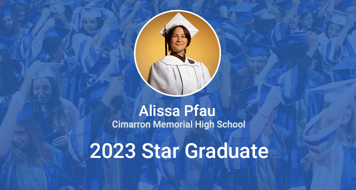 ClarkCountySch's tweet photo. Congratulations Alissa Pfau! Due to her hard work and dedication this year, she is being recognized as @CimarrOnSpartan 2023 Star Grad! Read more about her story here: https://t.co/0rSkpaJ77s #StarGrad #WeAreCCSD https://t.co/NHxnDYMzss