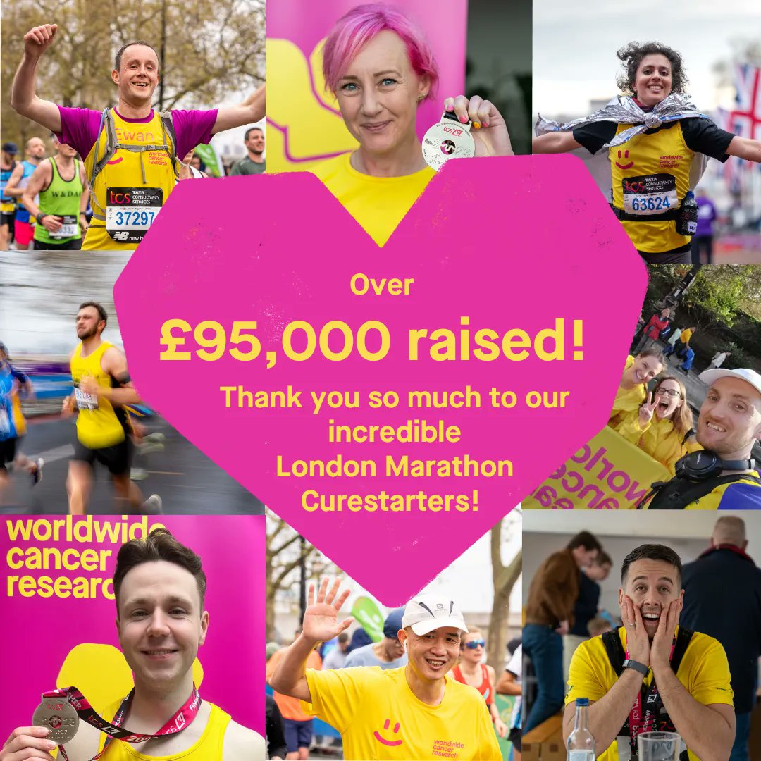 WorldwideCancer's tweet photo. A massive thank you to our London Marathon runners. Over £95,000 fundraised that will go towards starting crucial new cancer cures. Thank you to everyone who helped make this possible, it means the world to us. #Curestarters #LondonMarathon2023 #TeamWorldwide https://t.co/ZMcdUxdyJ7