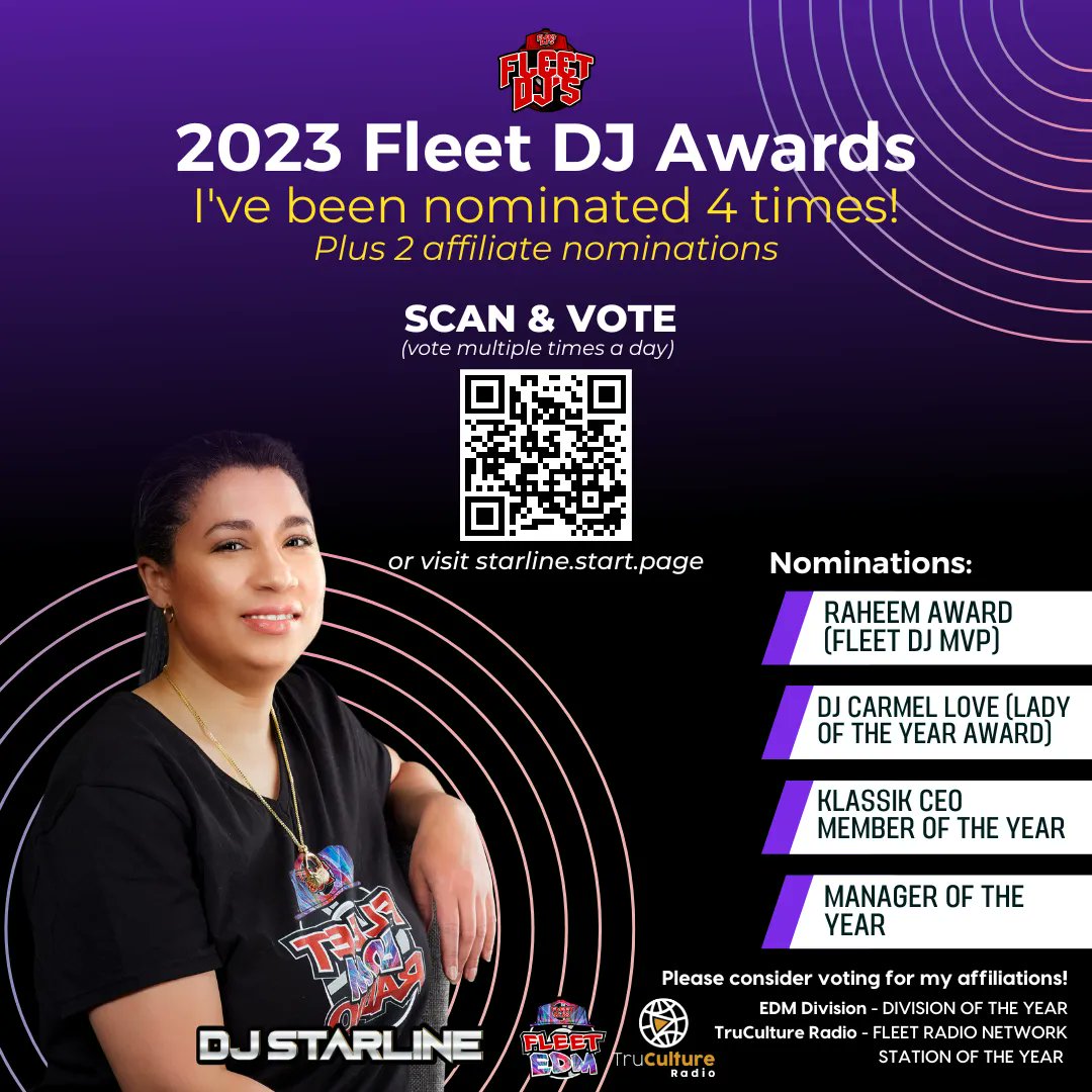 DjStarline's tweet photo. LAST DAY TO SCAN QR &amp; VOTE! I'm nominated for 4 Fleet DJ Awards PLUS 2 affiliate nominations!!! Vote for me as much as you want (link in bio), Thank you so much! #fleetdjs #award @trucultureradio @fleetedmdivisi1 https://t.co/46KoJXpyRi