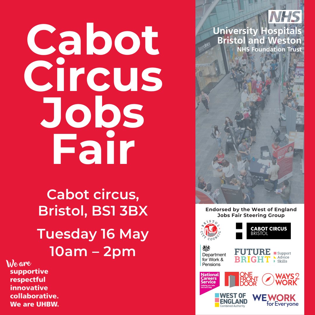 We're going to be at the Cabot Circus jobs fair tomorrow! 

Looking for your next role? Come talk to our team about the huge range of opportunities we have available and start your #NHScareer today! 

#TeamUHBW #meettheteam #nhsjobs