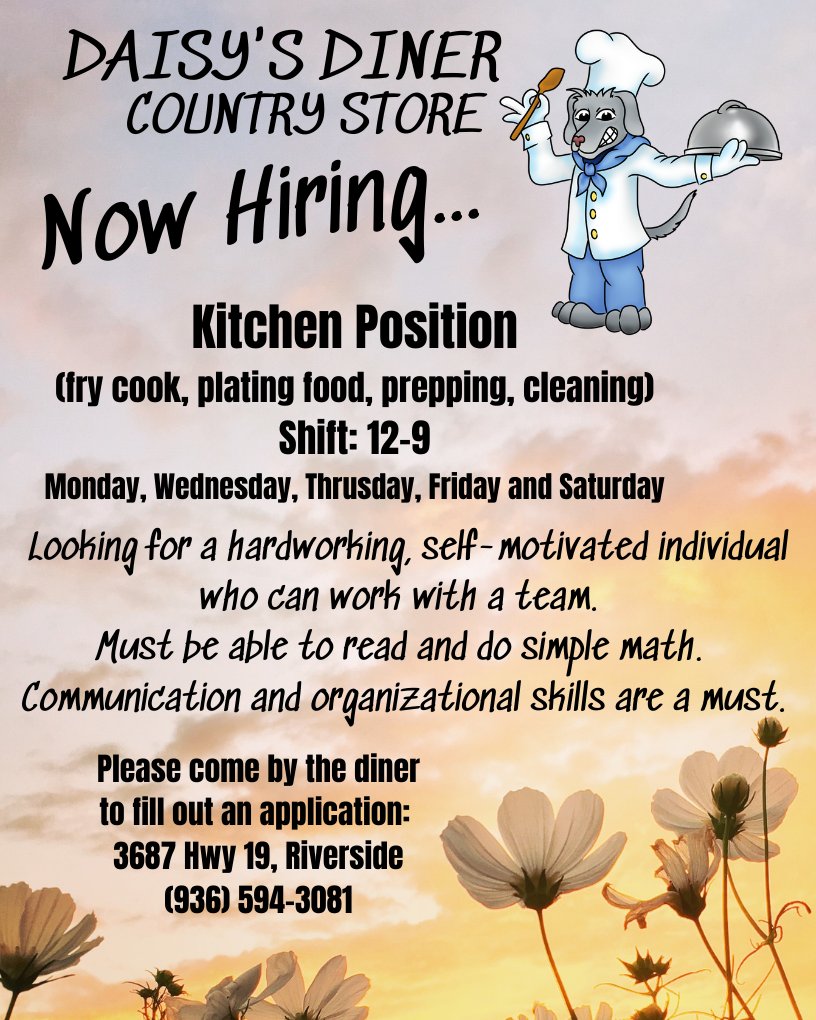 DaisysDiner's tweet photo. Interviewing throughout the week! Looking to hire by the beginning of next week! https://t.co/9Xdmvzjvfe