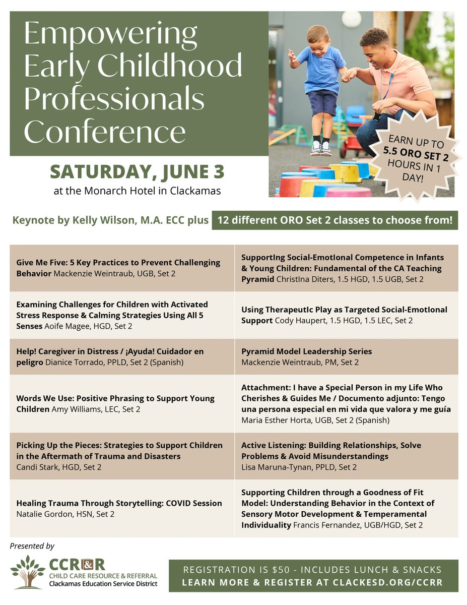 Join our Child Care Resource &amp; Referral on June 3rd for your choice of 12 ORO sessions, keynote by Kelly Wilson, M.A. ECC, plus network with fellow #childcare pros! Learn more &amp; register for the Empowering Early Childhood Professionals Conference here: buff.ly/44XKUAI
