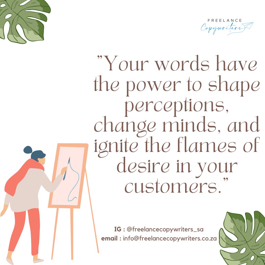 copywriters_SA's tweet photo. Freelance copywriters are skilled communicators who understand the importance of effective messaging, helping you convey your brand's unique value proposition to your audience.

Contact us today for all your copywriting services.

#copywriting #copywritingtips #copywriters https://t.co/ATqONnqvpg