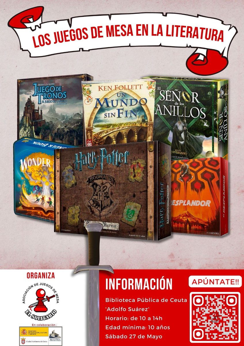 ¡No paramos! Compartimos con vosotr@s nuestro próximo evento de puertas abiertas. Con motivo de la Feria del Libro, volvemos a sumergirnos en la literatura en los juegos de mesa. Para participar apuntaros en el enlace ❤️📘

Cartel: Sofía Núñez 

#Ceuta

livingceuta.es/verActividad.p…