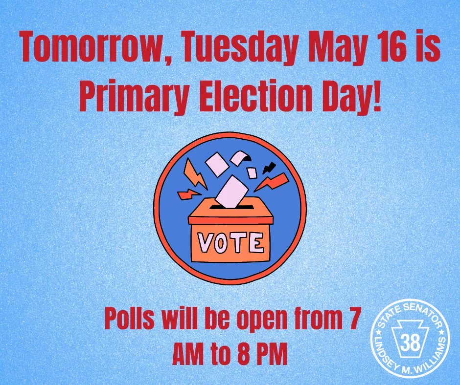 📣 TOMORROW, Tuesday May 16 is Primary Election Day! Elections are decided by those who show up! Make your plan to vote today! 🗳️ 💪 
Confirm your polling place here: buff.ly/3zDGSPK