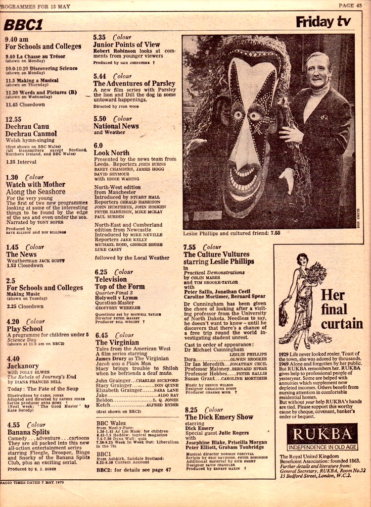 Graeme Wood on Twitter "TV📺15/5/70 BBC1 4.55Banana Splits 5.35Junior