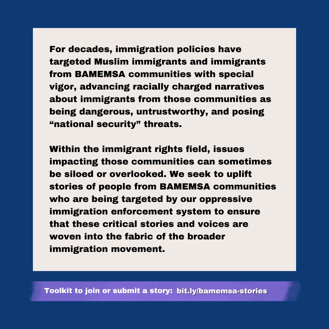 NIPNLG's tweet photo. For decades, immigration policies have targeted Muslim immigrants and immigrants from BAMEMSA communities with special vigor, advancing racially charged narratives. #OurStoriesToo

These stories must be shared. Join the campaign: https://t.co/eqw8d1tyjQ https://t.co/VupZlarD5V