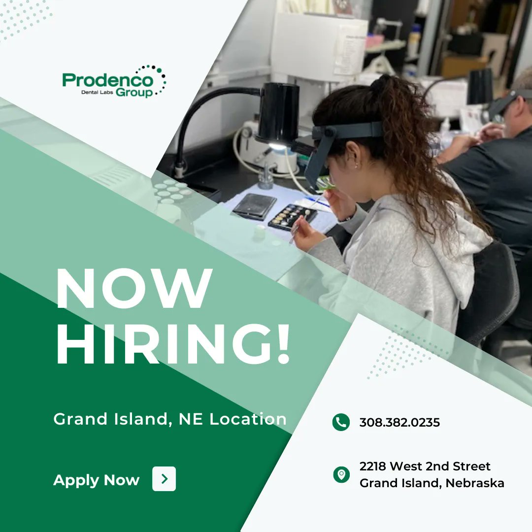 ProdencoI's tweet image. Interested in becoming a dental lab technician? We have openings for our Grand Island, NE location!

Check out more information at buff.ly/40JDYFp  and join our team in Grand Island, NE!

We look forward to hearing from you!

#dentallab #dentallabtech #hiring #hiringnow