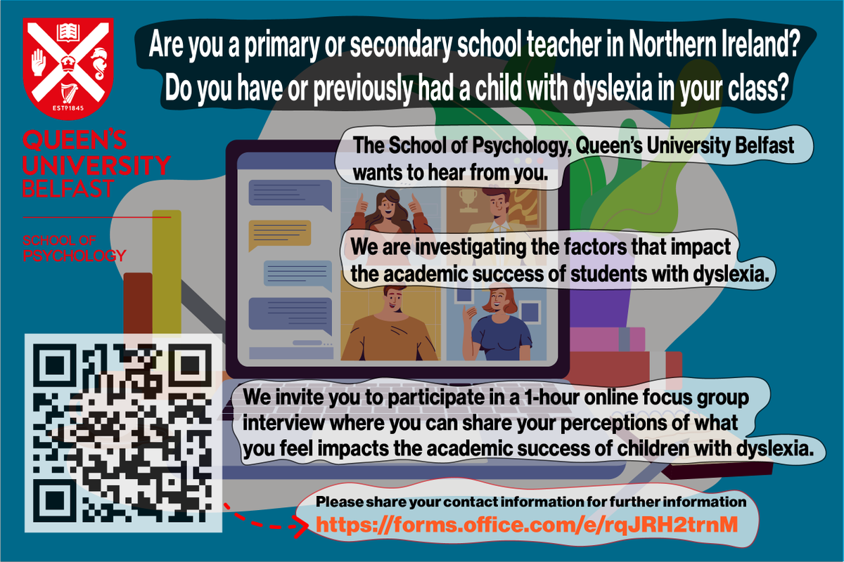 Are you a primary  or secondary school teacher in Northern Ireland? Do you have or previously had a child with dyslexia in your class? The School of Psychology wants to hear from you!

Scan the QR code or click here if interested: ow.ly/YMth50Oo6F0