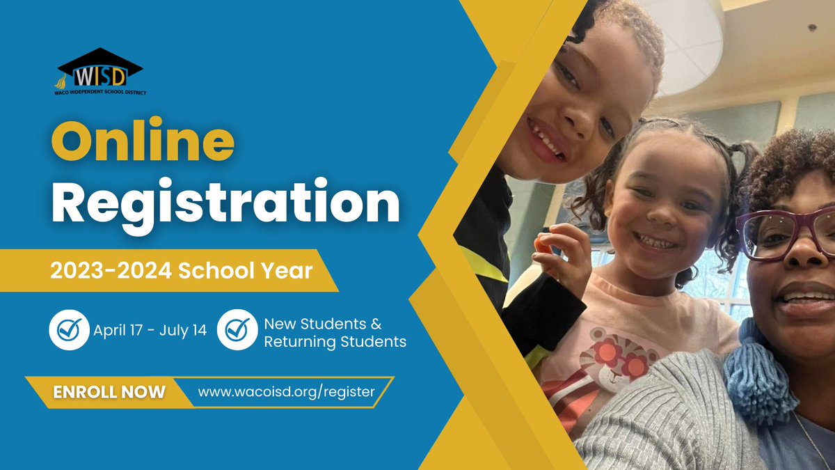 Waco ISD (@wacoisd) on Twitter photo Online registration for the 2023-2024 school year is now open through July 14! 📆 Please visit wacoisd.org/register to register your new and returning Waco ISD students.
📧 If you have any questions, please email: registration@wacoisd.org.
#WISDRegistration #OnlineRegistration Online registration for the 2023-2024 school year is now open through July 14! 📆 Please visit wacoisd.org/register to register your new and returning Waco ISD students.
📧 If you have any questions, please email: registration@wacoisd.org.
#WISDRegistration #OnlineRegistration