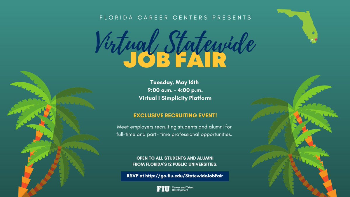 Ready to jump-start your job search? Florida Career Centers is inviting you to their Virtual Statewide Career Fair that is returning on May 16th, 2023. RSVP via go.fiu.edu/statewidejobfa… today! #FIUCareer #HireFIU #FIU #fiu22 #fiu23 #fiu25 #fiu26 #fiualumni