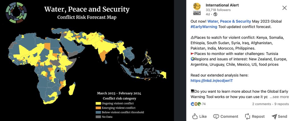 ALabnouj's tweet photo. #InternationalAlert Water, Peace &amp; Security Global Early Warning Tool map lists #Morocco #Algeria border under ‘ongoing violent conflict’ yet their quarterly report makes no mention of 🇲🇦 or 🇩🇿. https://t.co/zZNSflvozD