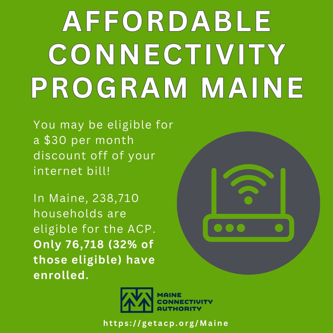 projectlogin's tweet photo. You could qualify to get $30 off your internet bill each month through #ACP4ME, the Affordability Connectivity Program here in Maine! To see if you qualify and learn more, visit https://t.co/dn34zqMTrk https://t.co/9q7lZkDRo0