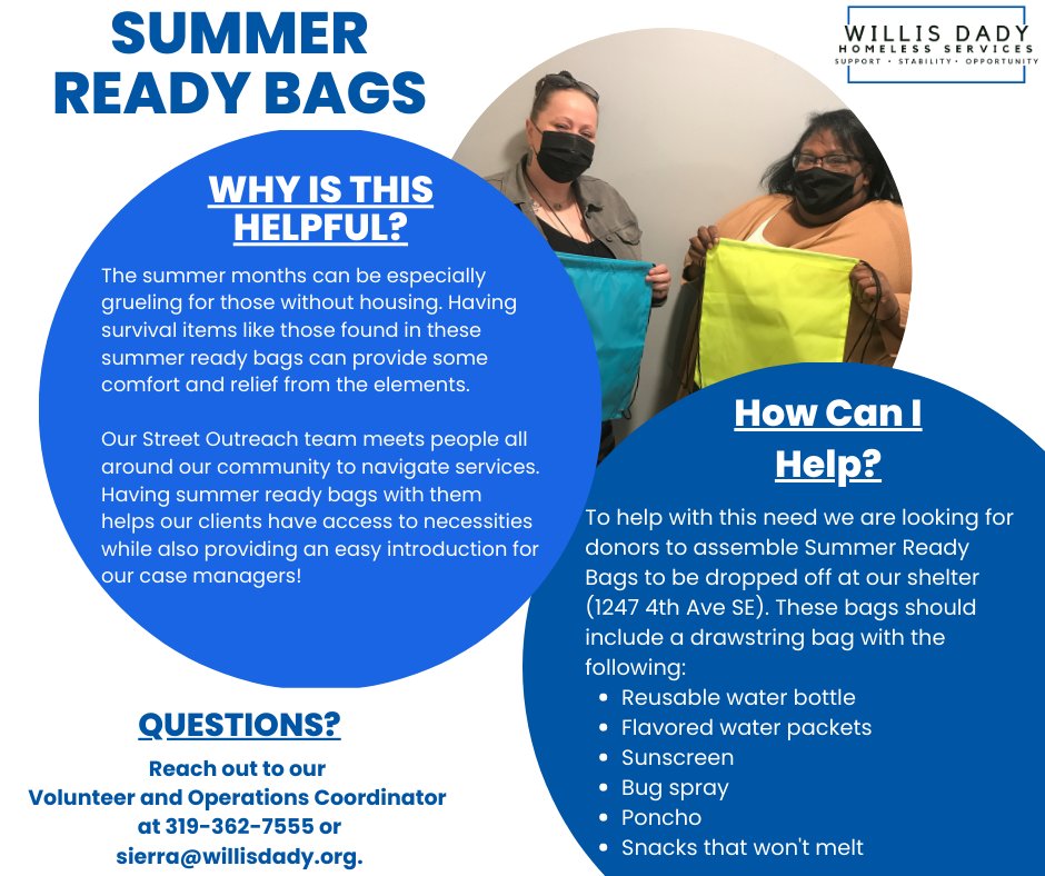 We're excited to announce a new kit making opportunity: Summer Ready Bags☀ The summer months can be especially grueling for those without housing. Having survival items like those found in these summer ready bags can provide some comfort and relief from the elements.