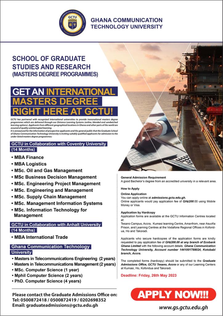 Get an International Masters Degree right here!
Click on this link, gs.gctu.edu.gh to apply now
#MastersProgrammes
#graduateschool
#gctu