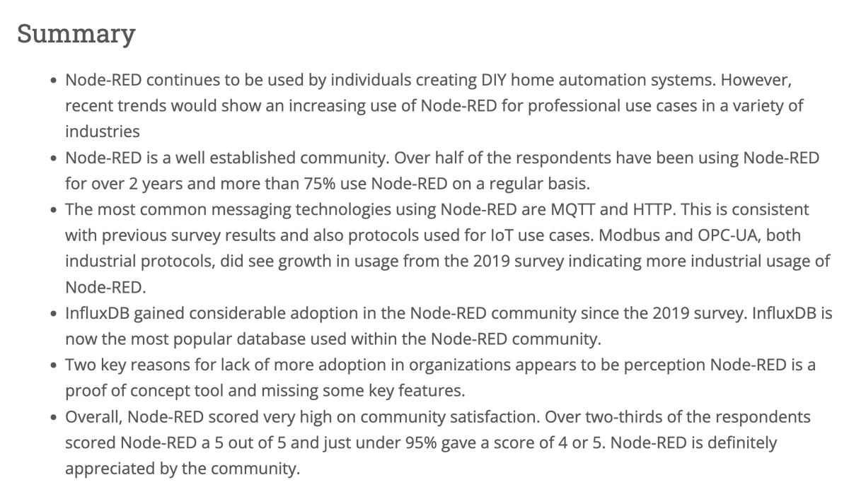 . @NodeRED just released the results of their first Community Survey since 2019 -- is anyone surprised to hear that they've seen an explosion of use in #industry for #iiot projects, #mqtt and #http are the two most common protocols along with a surge of #opcua and #modbus?  I…