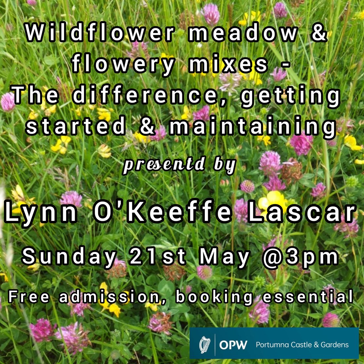 FREE talk this Sunday 21st May @ 3pm,
Lynn O'Keeffe-Lascar will present a talk entitled: 'Wildflower meadow &amp; flowery  mixes: The difference and getting started and maintaining'.  Booking is essential  on 0909741658  or e-mail portumnacastle@opw.ie