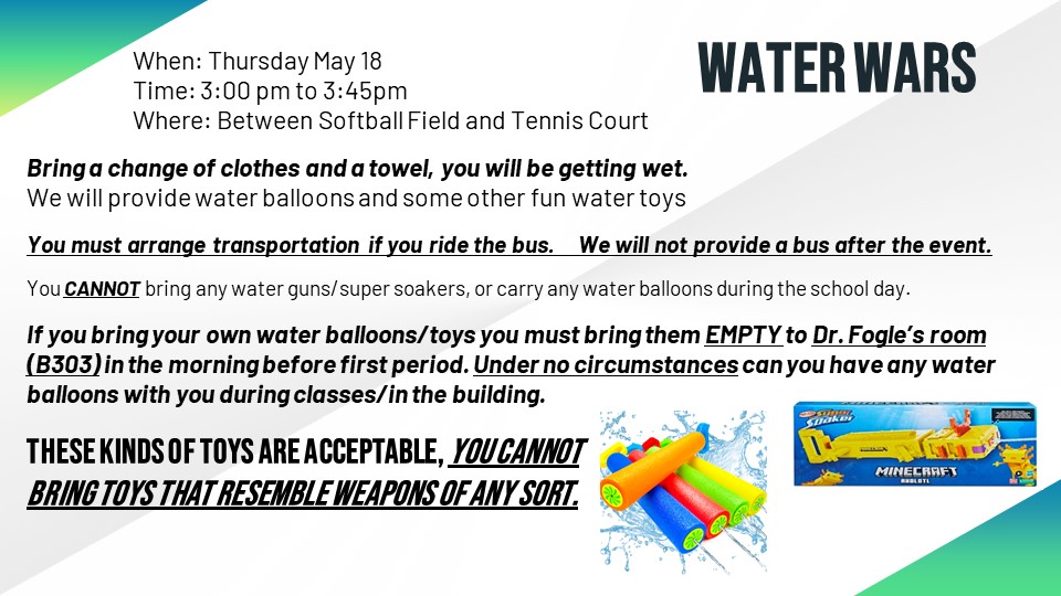 We will enjoy water wars this Thursday. Make sure you have transportation after the event is over.