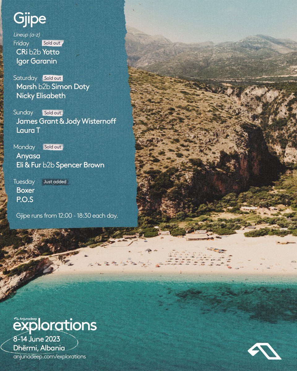 Anjunadeep pres. Explorations (@adexplorations) on Twitter photo Explorers, we can now reveal our full lineup for Gjipe. Due to demand, we've added one final date, Tuesday 13th June, which will be hosted by <a href="/aboveandbeyond/">Above & Beyond</a>'s <a href="/paavo_s/">Paavo Siljamäki</a> under his P.O.S alias with support from <a href="/Boxerdjproducer/">Boxer</a>.
Tickets are available now: anjunadeep.co/exp-manage-boo… Explorers, we can now reveal our full lineup for Gjipe. Due to demand, we've added one final date, Tuesday 13th June, which will be hosted by <a href="/aboveandbeyond/">Above & Beyond</a>'s <a href="/paavo_s/">Paavo Siljamäki</a> under his P.O.S alias with support from <a href="/Boxerdjproducer/">Boxer</a>.
Tickets are available now: anjunadeep.co/exp-manage-boo…