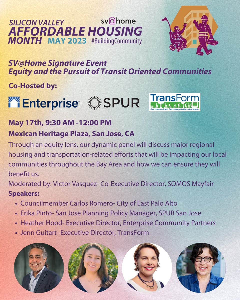🎙️Join us this Wednesday in San Jose for an important #AffordableHousingMonth conversation on equitable, transit-oriented communities hosted by @SVatHome! Hear from @HeatherMHood as well as @TransForm_Alert @SPUR_Urbanist & EPA Councilmember Carlos Romero. eventbrite.com/e/ahm-signatur…
