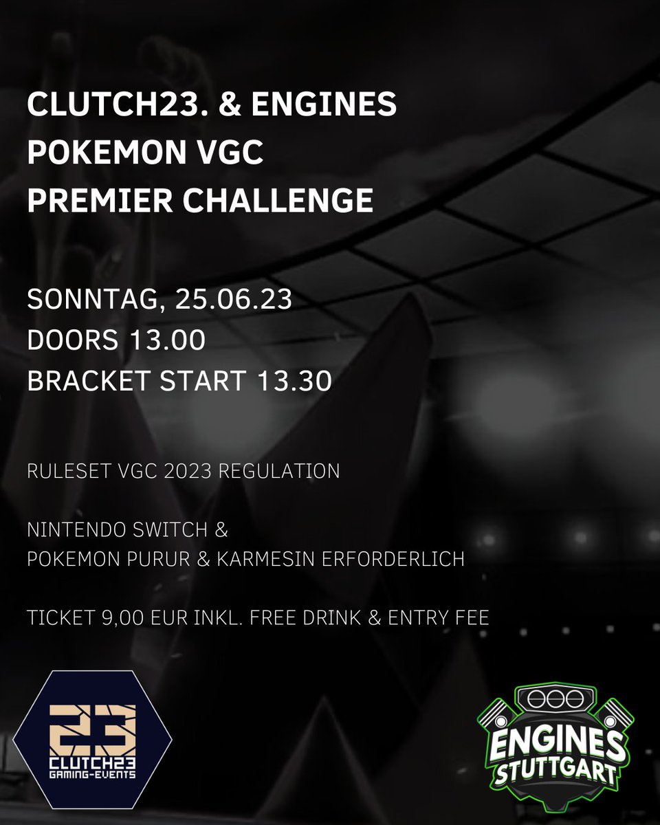 #Pokemonvgc 

Nach langer Pause:

CLUTCH23. &amp; <a href="/engines_stgt/">Engines Stuttgart e.V.</a> 
POKEMON VGC PREMIER CHALLENGE

Sonntag, 25.06.23
Doors 13.00
Bracket Start 13.30

TOed wird das ganze von <a href="/misterpbf/">Fabian | MR.PBF</a>.

Tickets direkt an der Tageskasse.