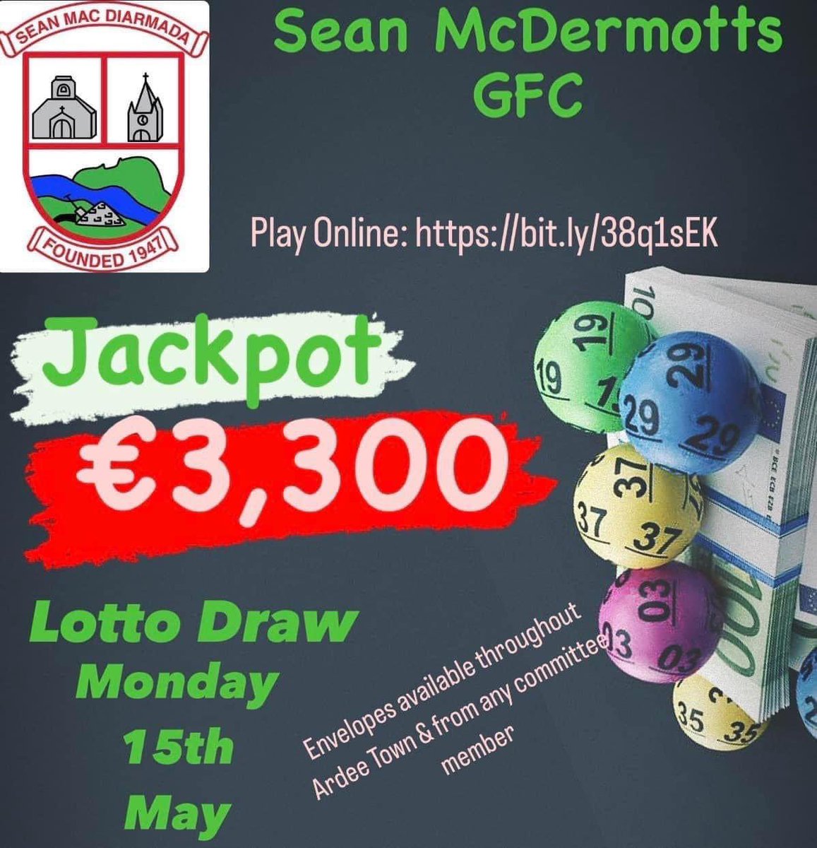 Our lotto draw is TONIGHT 
15th May 23
 
Jackpot is €3,300

Wouldn’t it be nice ?

Play lotto online bit.ly/38q1sEK
Enter before 6pm

€2 for one or 3 entries for €5

Envelopes available throughout Ardee Town &amp; from any Committee member 

#gaalotto #louthgaa #15thMay