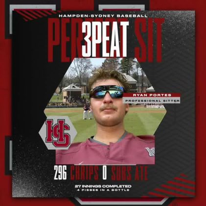 FoulPoleMedia's tweet photo. This is a captivating tale that deserves your attention. 
-
On April 23rd, 2023, the Hampden-Sydney tigers took on Averett in a double header. Ryan Portes, an exceptional player, decided to embark on a perfect sit in game one, but his hunger for perfection was not satiated. During the 30-minute break between games, he remained motionless on his bucket, refusing the subpar lunch offered to him, and instead door dashed Taco Bell, a true champion's meal.
