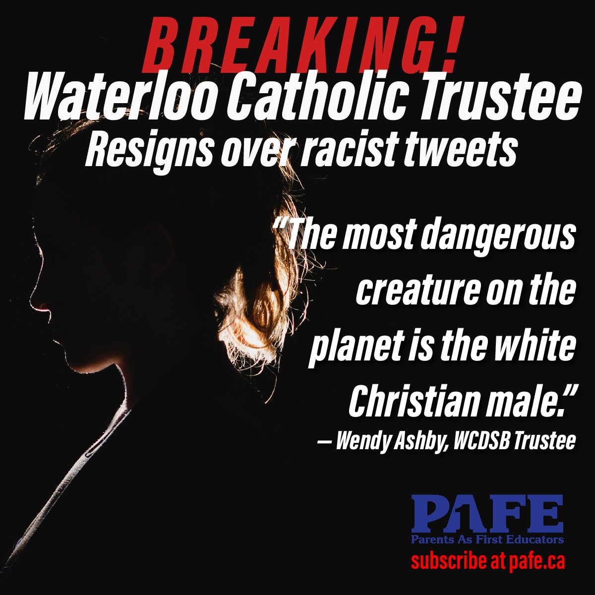 PAFE4's tweet photo. Trustee Wendy Ashby Resigns!! Thank you to all the parents and PAFE supporters that kept the pressure on. This victory is yours!

Read more: https://t.co/1hUhE5PREW

#onted #woke #CRT https://t.co/BsnE7K0TNR