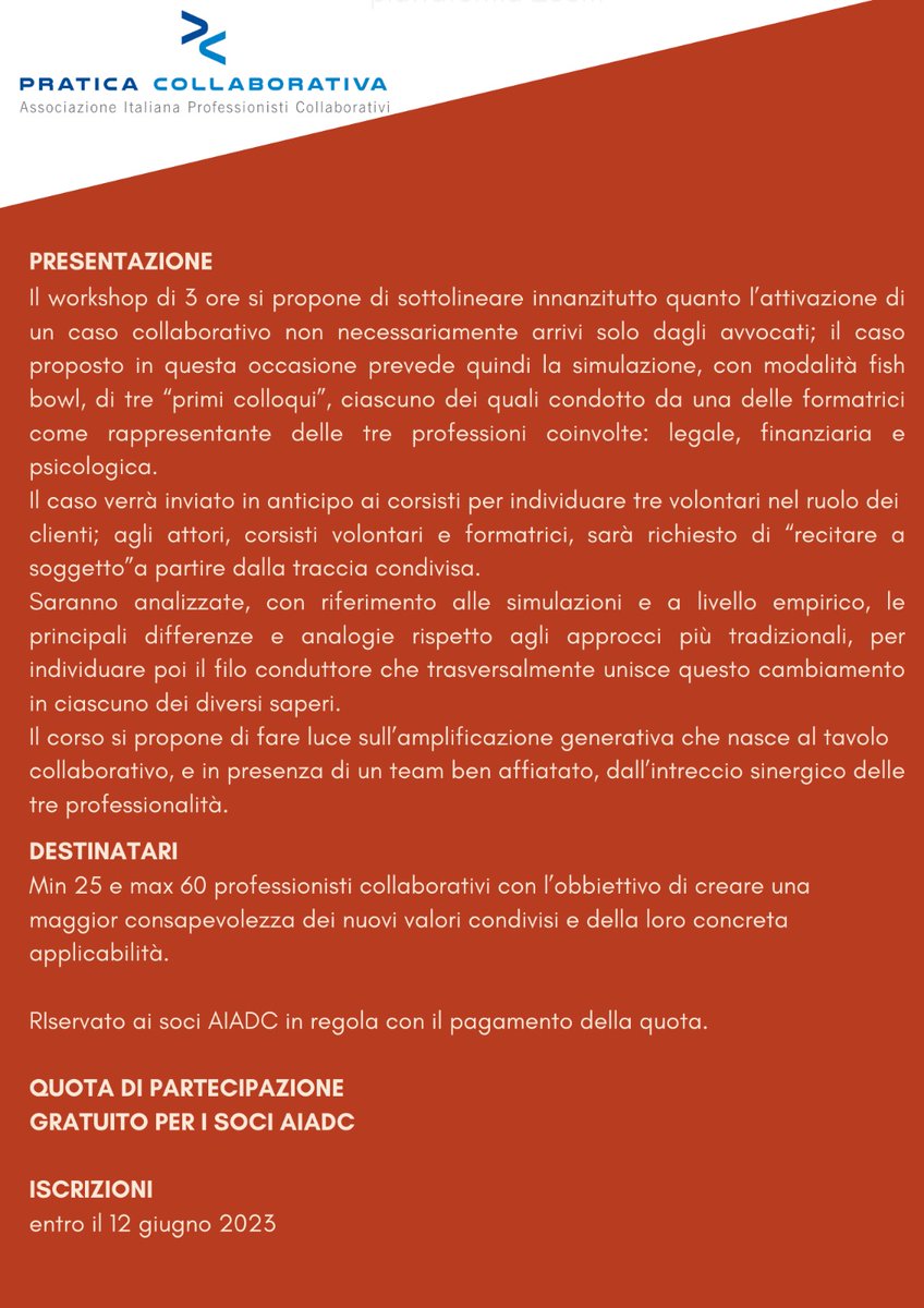 📌 mercoledì 14 giugno.
Dalle 16,00 alle 19,00.
Evento gratuito per i #soci su piattaforma #zoom.
#avvocati, #commercialisti e #psicologi #professionisticollaborativi a tu per tu col cliente nel primo colloquio. Per iscrizioni vai su 👉🏼praticacollaborativa.it/prodotto/la-fo…
#aiadc #formazione.