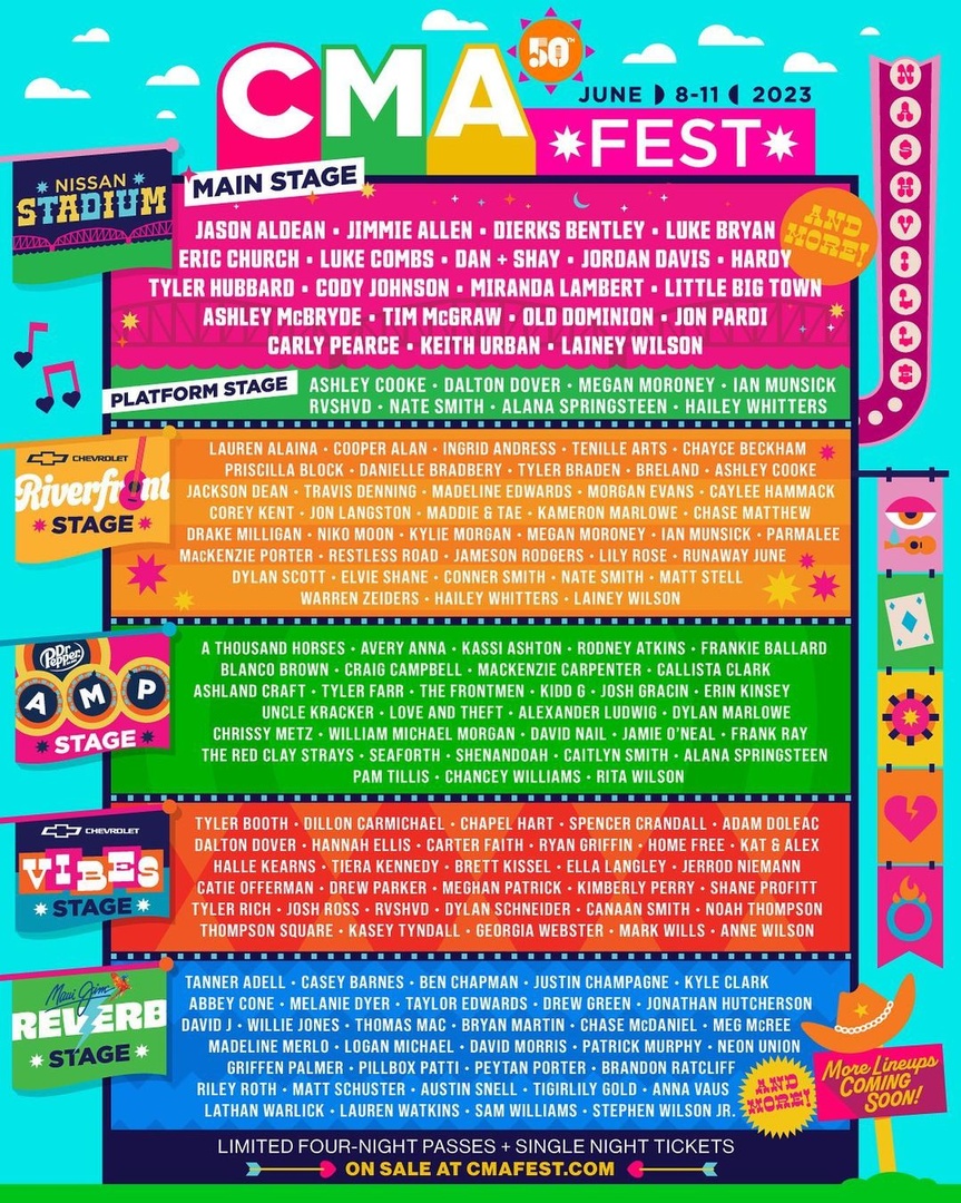 Who's excited to celebrate 50 years of CMA Fest in Nashville in less than a month?! We can't wait to see @JordanCWDavis, @tylerhubbard, @KeithUrban, @littlebigtown, @ericchurch, @JonPardi, @DierksBentley, @lukebryan, and so many more amazing artists! We'll see you there! #CMAFest