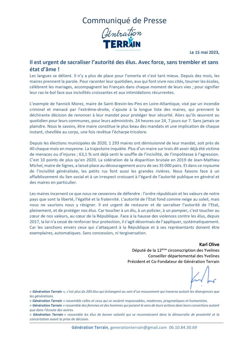 Il est urgent de sacraliser l’autorité des élus. Avec force, sans trembler et sans état d’âme ! 
❌ Stop aux menaces, injures et violences à leur encontre, eux qui donnent tant pour la République et œuvrent au quotidien pour les Français.
Retrouvez notre communiqué de presse ⤵️
