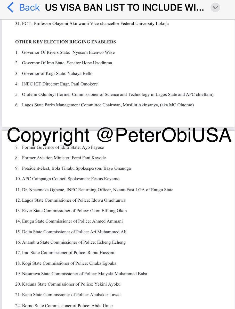 StephenOSEMWEGI's tweet photo. Breaking News 🗞️ Alert 🚨:
USA 🇺🇸 VISA BAN LIST!
Exclusive to @PeterObiUSA , List of Names of Election Riggers in Nigeria 🇳🇬 2023 General Election 🗳️.
N/B: this are the list of names submitted by Nigerian American Coalition for Justice and Democracy (NACJD) to the State Department during the APRIL 3rd 2023, White House and US Congress Protest 🪧 in Washington DC.