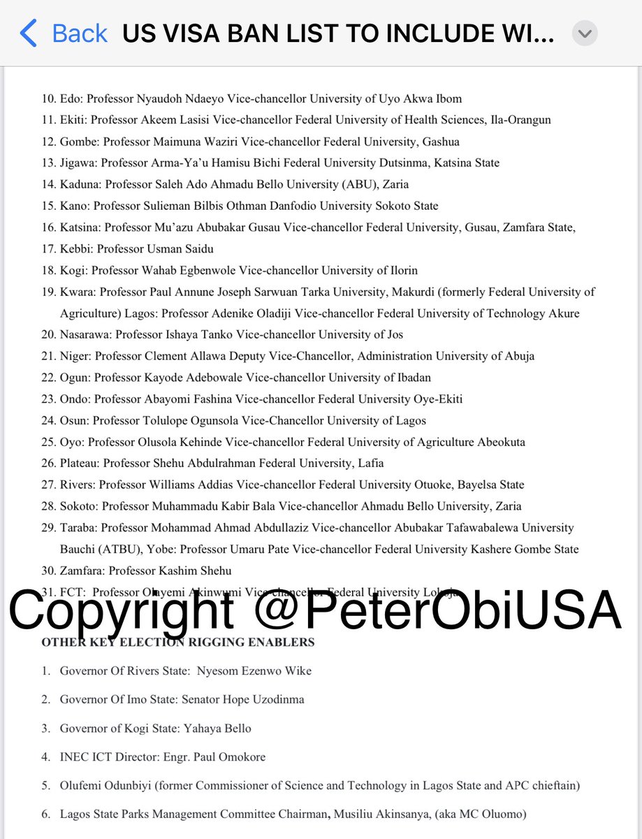 StephenOSEMWEGI's tweet photo. Breaking News 🗞️ Alert 🚨:
USA 🇺🇸 VISA BAN LIST!
Exclusive to @PeterObiUSA , List of Names of Election Riggers in Nigeria 🇳🇬 2023 General Election 🗳️.
N/B: this are the list of names submitted by Nigerian American Coalition for Justice and Democracy (NACJD) to the State Department during the APRIL 3rd 2023, White House and US Congress Protest 🪧 in Washington DC.