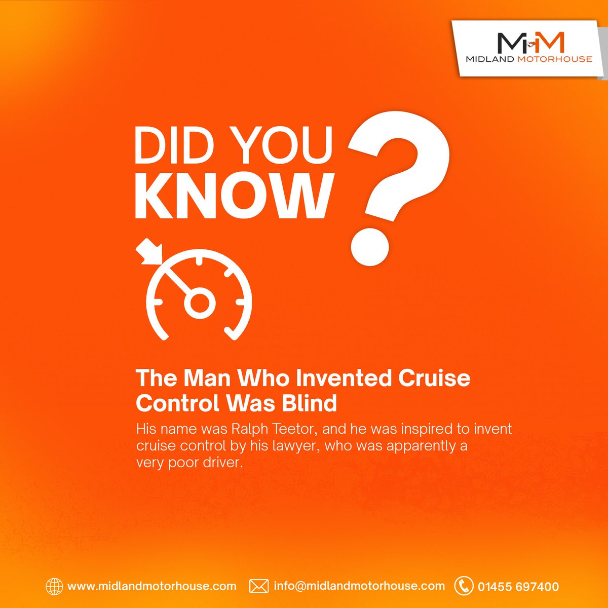 MMotorhouse's tweet photo. Did you know the person who invented cruise control was blind?

🌐 https://t.co/B7dxRM1HWh
📞 01455 697400
📧 info@midlandmotorhouse.com

#interestingcarfacts #midlandmotorhouse #ralphteetor https://t.co/T9yulohlIi
