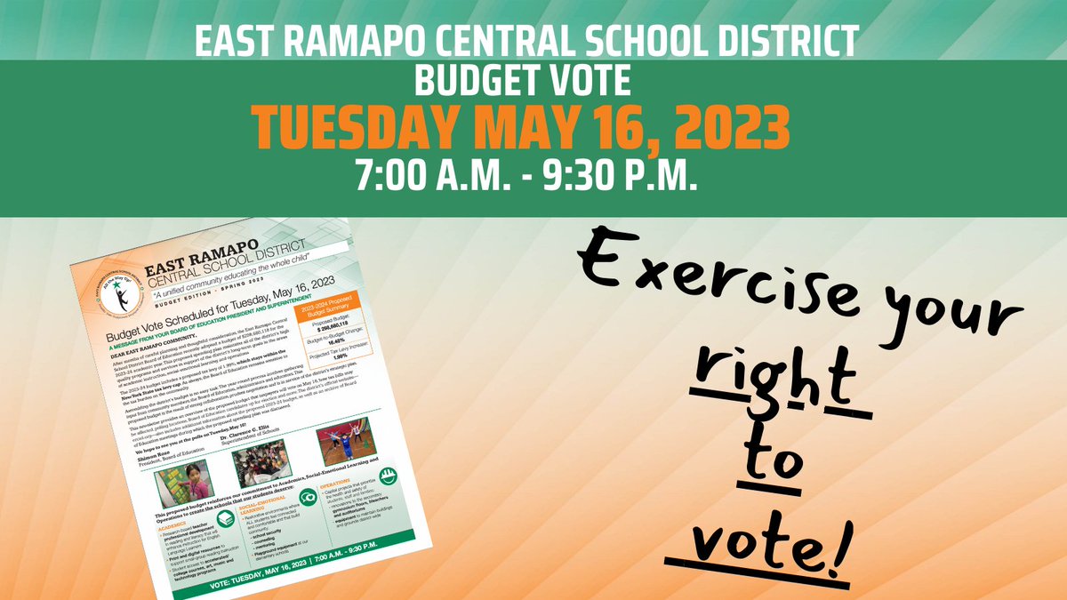 TOMORROW, Tuesday, May 16th is the #EastRamapo Budget Vote &amp; Board of Education Election! Make sure to exercise your right to vote! Voters in Wards 3, 5, and 8 will also elect Board of Election trustees. Polling locations and more info at ercsd.org/budgetvote23