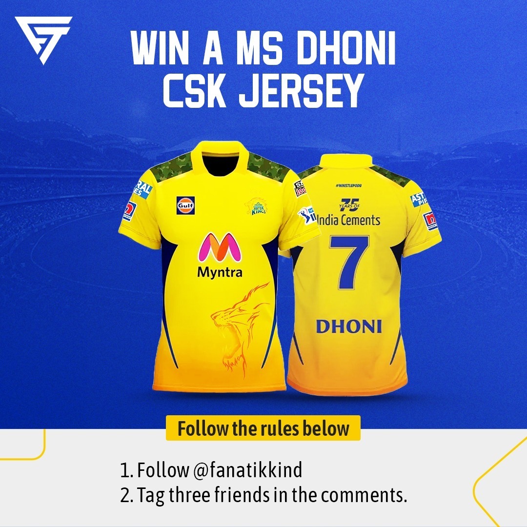 𝐆𝐈𝐕𝐄𝐀𝐖𝐀𝐘 𝐀𝐋𝐄𝐑𝐓! 👕📣 Now win a MS Dhoni's Chennai Super Kings' Jersey by just following the given rules. 🗓️ Contest ends on 21st May. The winner will be announced on @fanatikkind on 22nd May.