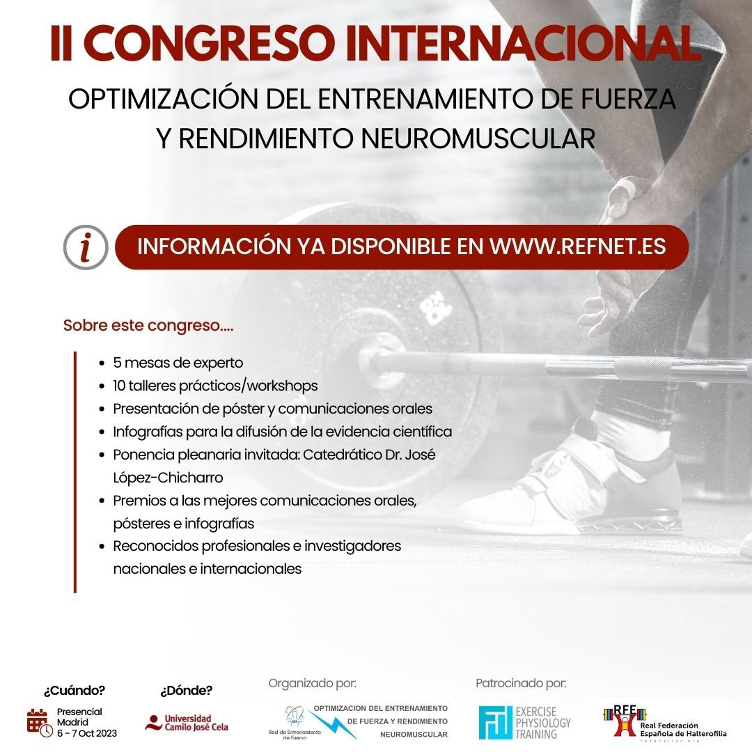 Ya está toda la información en la web. Inscríbete aquí: refnet.es
<a href="/PhD_Paredes/">vParedes</a> 
<a href="/CCAFyD_UCJC/">CCAFyD UCJC</a> 
<a href="/ManoloRodrigue/">Manuel Rodríguez</a> 
<a href="/RedFuerza/">REF Red de Entrenamiento de Fuerza</a> 
<a href="/HPSportsSci/">Human Performance & Sports Science</a> 
<a href="/STreNgthP_RG/">STreNgthP Research Group</a> 
<a href="/amagr/">Amador García Ramos</a> 
<a href="/gmarquez_11/">Gonzalo Marquez</a> 
<a href="/PaulComfort1975/">Professor Paul Comfort</a> 
<a href="/ForcePlateCoach/">Dr John McMahon</a> 
<a href="/fparejablanco/">Fernando Pareja</a> 
<a href="/ChicharroJL/">José López Chicharro</a> 
<a href="/ceniza_julio/">Julio Ceniza</a>