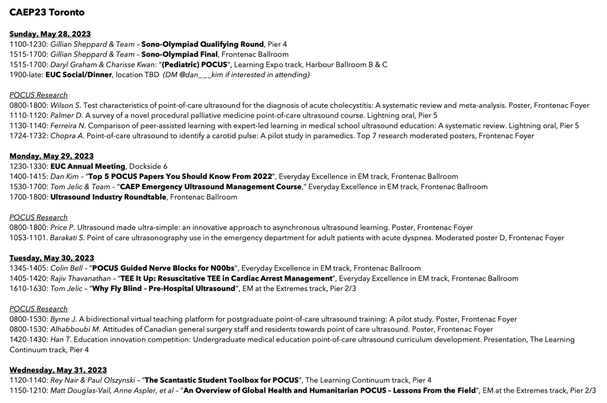 Dan Kim (@dan___kim) on Twitter photo Are you coming to #CAEP23 in Toronto? Use this handy guide to find all things #POCUS and #ultrasound at the conference!
<a href="/CAEPConference/">#CAEP24 Saskatoon</a> <a href="/CAEP_Docs/">CAEP</a> <a href="/CAEP_EUC/">CAEP Emergency Ultrasound Committee</a> <a href="/CAEPResidents/">CAEP Residents</a> <a href="/caepstudent/">CAEP Med Student Rep</a> @GillianSheppar9 <a href="/TomJelic/">Tom Jelic</a> <a href="/colinrbell/">Colin Bell</a> @rajivthava @OlszynskiP <a href="/MattDouglasVail/">Matt Douglas-Vail</a> <a href="/anneaspler/">Dr. Anne Aspler</a> Are you coming to #CAEP23 in Toronto? Use this handy guide to find all things #POCUS and #ultrasound at the conference!
<a href="/CAEPConference/">#CAEP24 Saskatoon</a> <a href="/CAEP_Docs/">CAEP</a> <a href="/CAEP_EUC/">CAEP Emergency Ultrasound Committee</a> <a href="/CAEPResidents/">CAEP Residents</a> <a href="/caepstudent/">CAEP Med Student Rep</a> @GillianSheppar9 <a href="/TomJelic/">Tom Jelic</a> <a href="/colinrbell/">Colin Bell</a> @rajivthava @OlszynskiP <a href="/MattDouglasVail/">Matt Douglas-Vail</a> <a href="/anneaspler/">Dr. Anne Aspler</a>