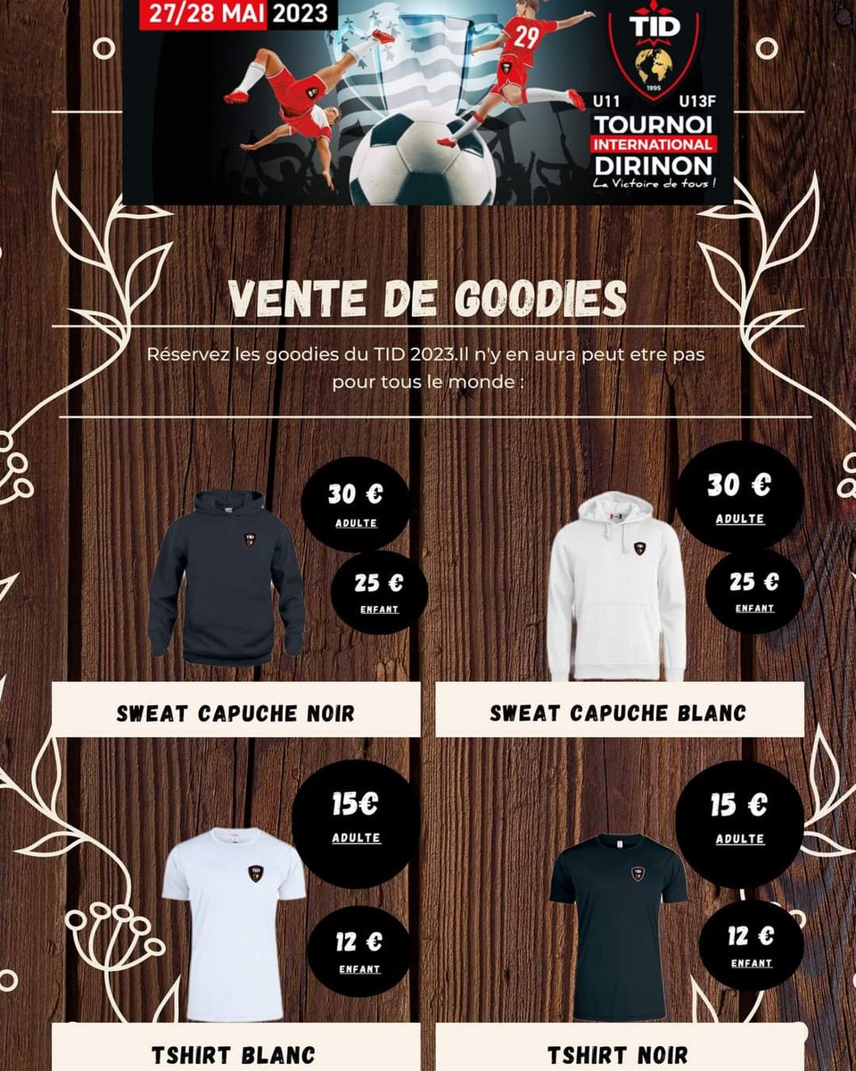 TIFootDirinon's tweet photo. Comme l'année dernière, vous pourrez retrouver quelques Goodies à l'effigie dur TID.
Vous pourrez retrouver des Sweats, Gourde ,T-shirt ,porte clé …
Nous vous proposons de réserver vos articles à l'adresse mail  suivante.
boutik.tid@gmail.com

#Tournoiinternational #TID #dirinon https://t.co/SArgnBuFDj
