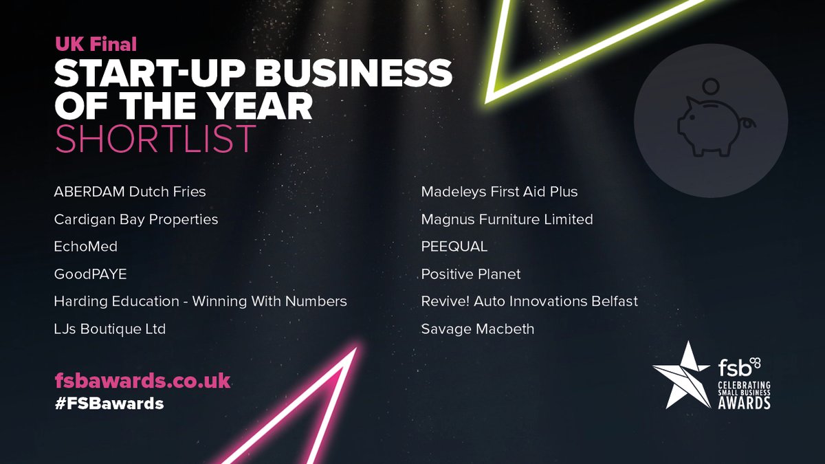 Good luck to everyone shortlisted for the Start-Up Business of the Year award, at this year's #FSBawards UK Final. We look forward to seeing you on Thursday!

Aberdam Dutch Fries, Cardigan Bay Properties,    @EchoMedUK, @WeAreGoodPAYE, @_Ben_Harding_,    LJ's Ladies Boutique,