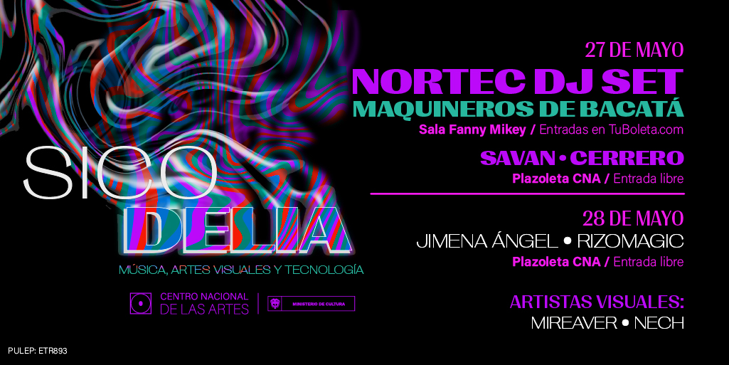 ¡Bienvenidos a #SicoDelia!
El 27 y 28 de mayo inicia este espacio enmarcado en los cierres y aperturas de los semestre universitarios. Con algunas de las propuestas más representativas de la escena electrónica de Colombia y Latinoamérica, en compañía de artistas visuales.