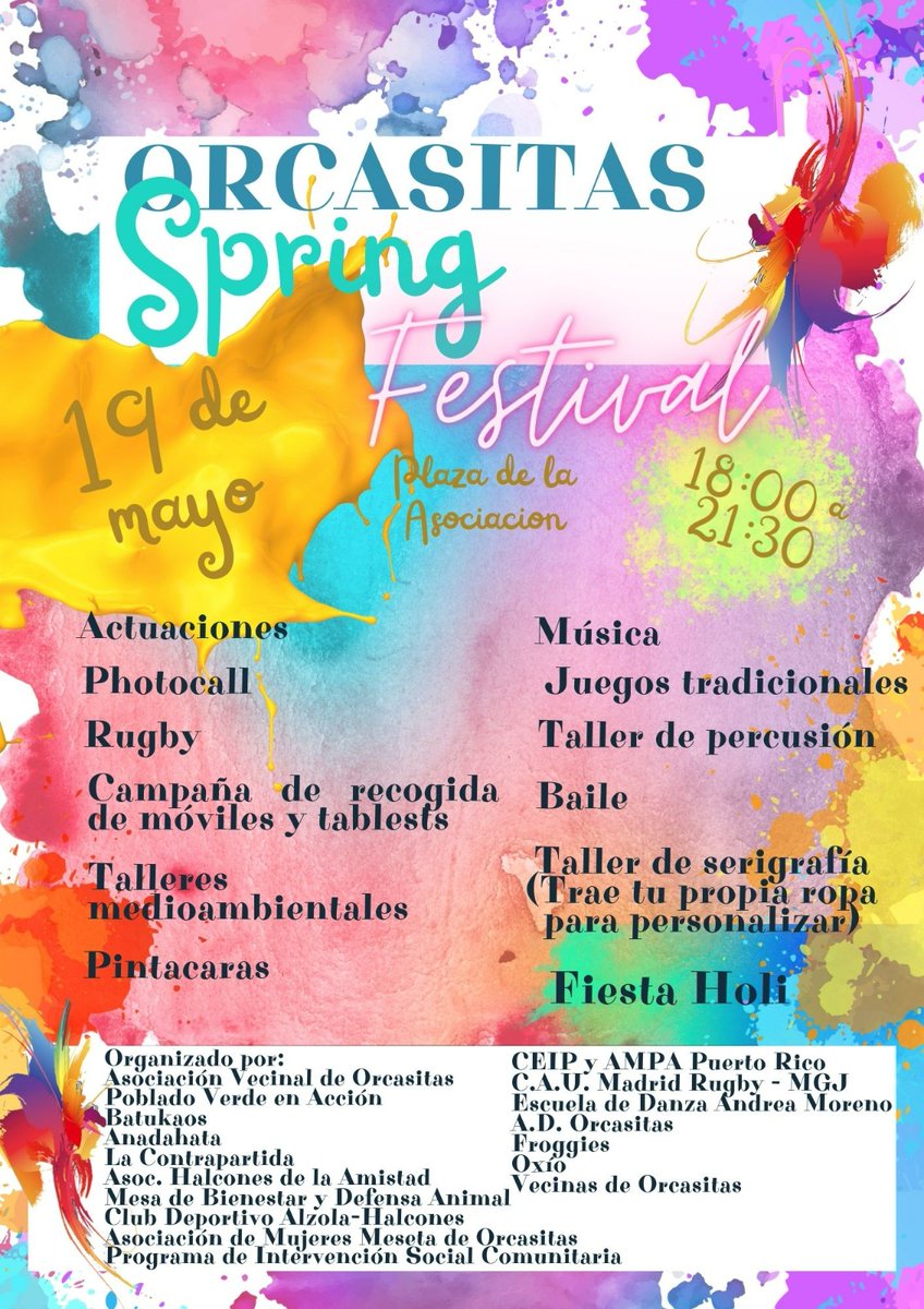 Este viernes 19 de mayo a partir de las 18:00 h. se celebrará en la Plaza de la Asociación de Orcasitas una nueva edición del 🔴🟠🟠Orcasitas Spring Festival🟢🔵🟣 en la que participarán el <a href="/CeipPuertoRico/">CEIP PUERTO RICO</a> y el <a href="/AMPAPuertoRico/">AMPA CEIP Puerto Rico</a> ¡¡No te lo pierdas y ven a disfrutar con nosotr@s!!