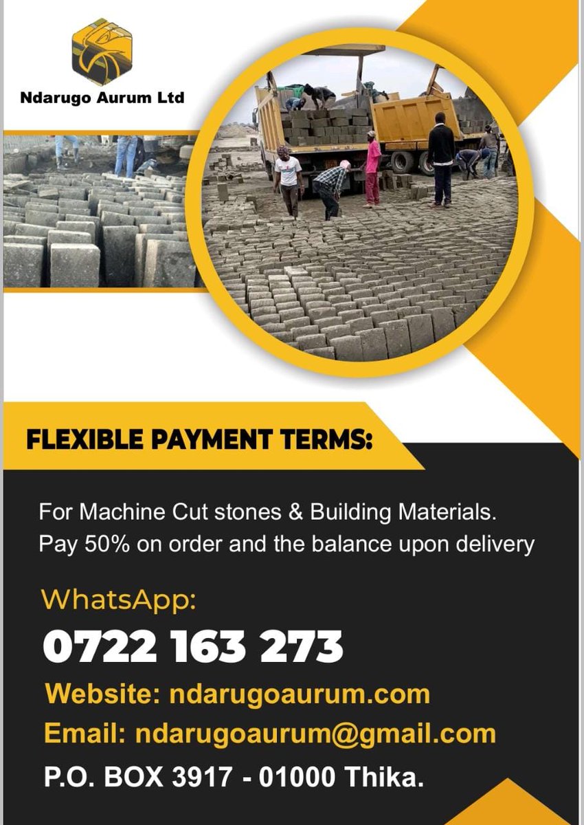 ARE YOU IN NEED OF MACHINE CUT STONES?
NDARUGO AURUMN LTD GOT YOU 🤝
WE DELIVER 💯
#ShakaholaMassacre Richard Ngatia Tanzani KES 15.19 Moses Kuria Guinness World Record Leicester  Colombia #NikujaribuTu Ben White Rabiot