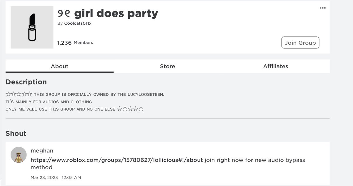 RBLXREPORTERBOT's tweet photo. Inappropriate T-Shirt, description, and a advertisement to a Group that uploads bypassed audios.
Group 1: https://t.co/wZwzJ7EN69
Group 2 (this one should be locked): https://t.co/r9CPA4dhYW
Inappropriate T-Shirt: https://t.co/58BDynSB1t
@MFDummies https://t.co/Lleeymu2qK