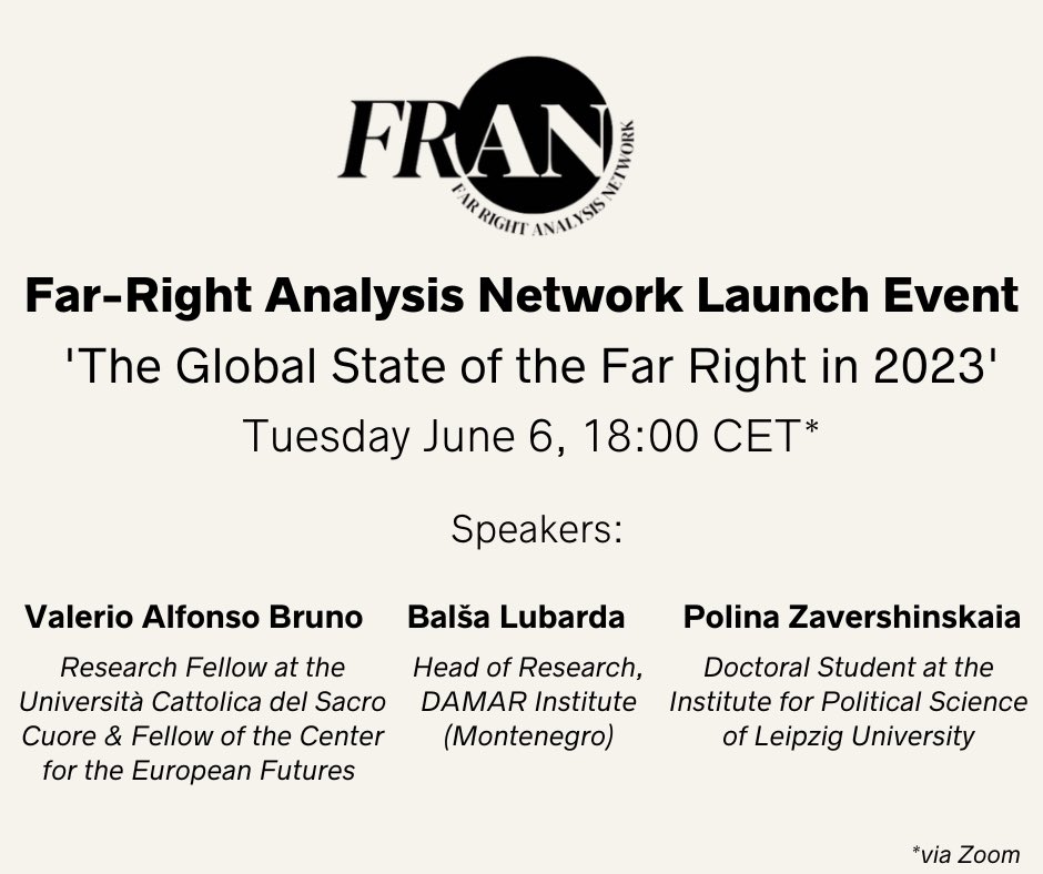 5/ 🗓️ Our launch webinar event on The Global State of the Far Right in 2023 will be held on 6 June at 18:00 CET featuring FRAN Fellows @ValerioA_Bruno @LubardaB 
@zavershinskaia 

All are welcome. Sign up here: bit.ly/41xXSCx
