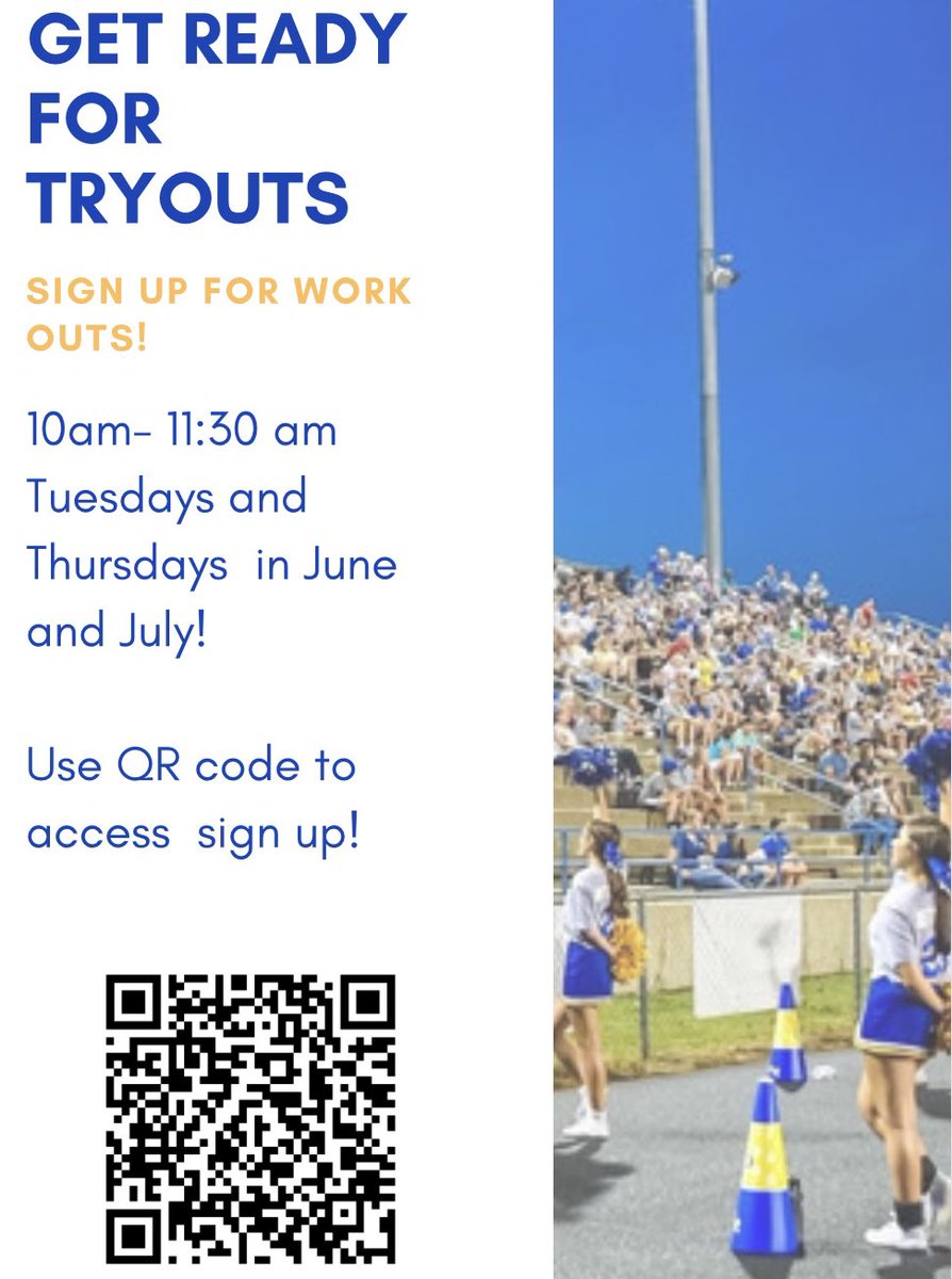 📣 SUMMER WORKOUTS! 📣 Come prep for tryouts with us all summer long! Workouts are not mandatory in order to tryout, but participation is strongly encouraged. Use the link in our bio to sign up! We can’t wait to see you! 💙