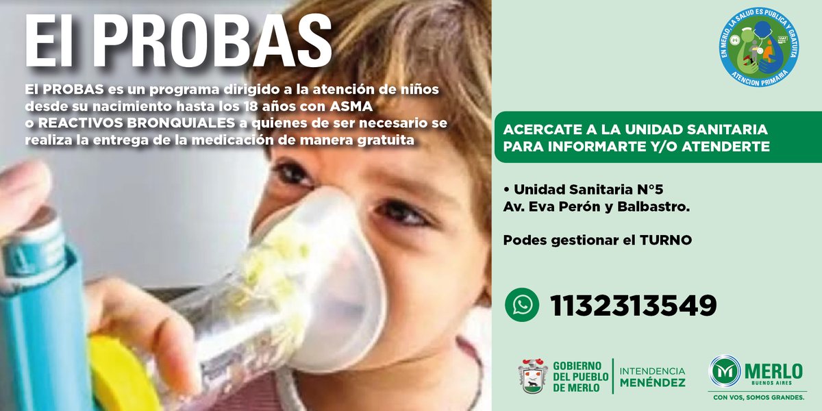 MerloGob's tweet photo. Programa Nacional #PROBAS
Atención y control a niños, niñas y adolescentes con #Asma
Acercate a la Unidad Sanitaria para recibir información
➡Unidad Sanitaria N° 5 – Av. Eva Perón y Balbastro
📞Turnos: #WhatsApp 1132313549
ℹMás info: https://t.co/Jv2jsHnrrR https://t.co/dLX9HmkztW