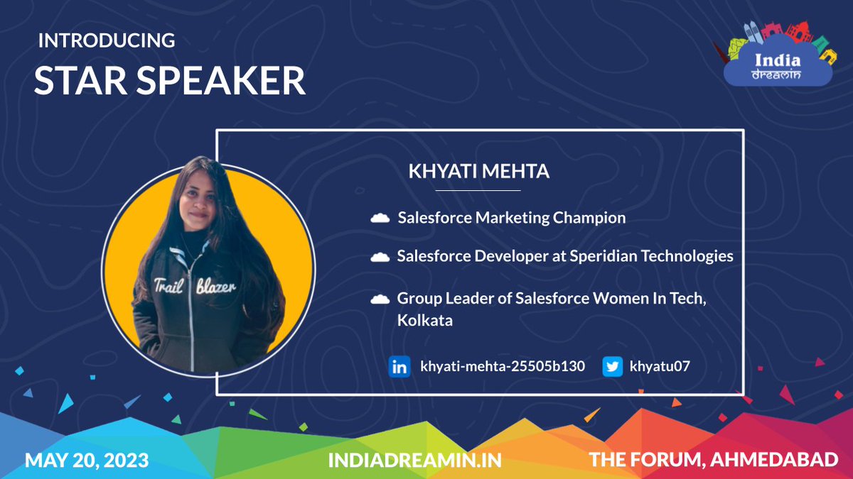sfindiadreamin's tweet photo. We are thrilled to announce our Star Speakers Khyati Mehta for India Dreamin’ 23, who is a Salesforce Marketing Champion.

Blog Link: https://t.co/JuGAHkhcNp

#indiadreamin23 #TrailblazerCommunity #Starspeaker https://t.co/GEyT2uIeOq